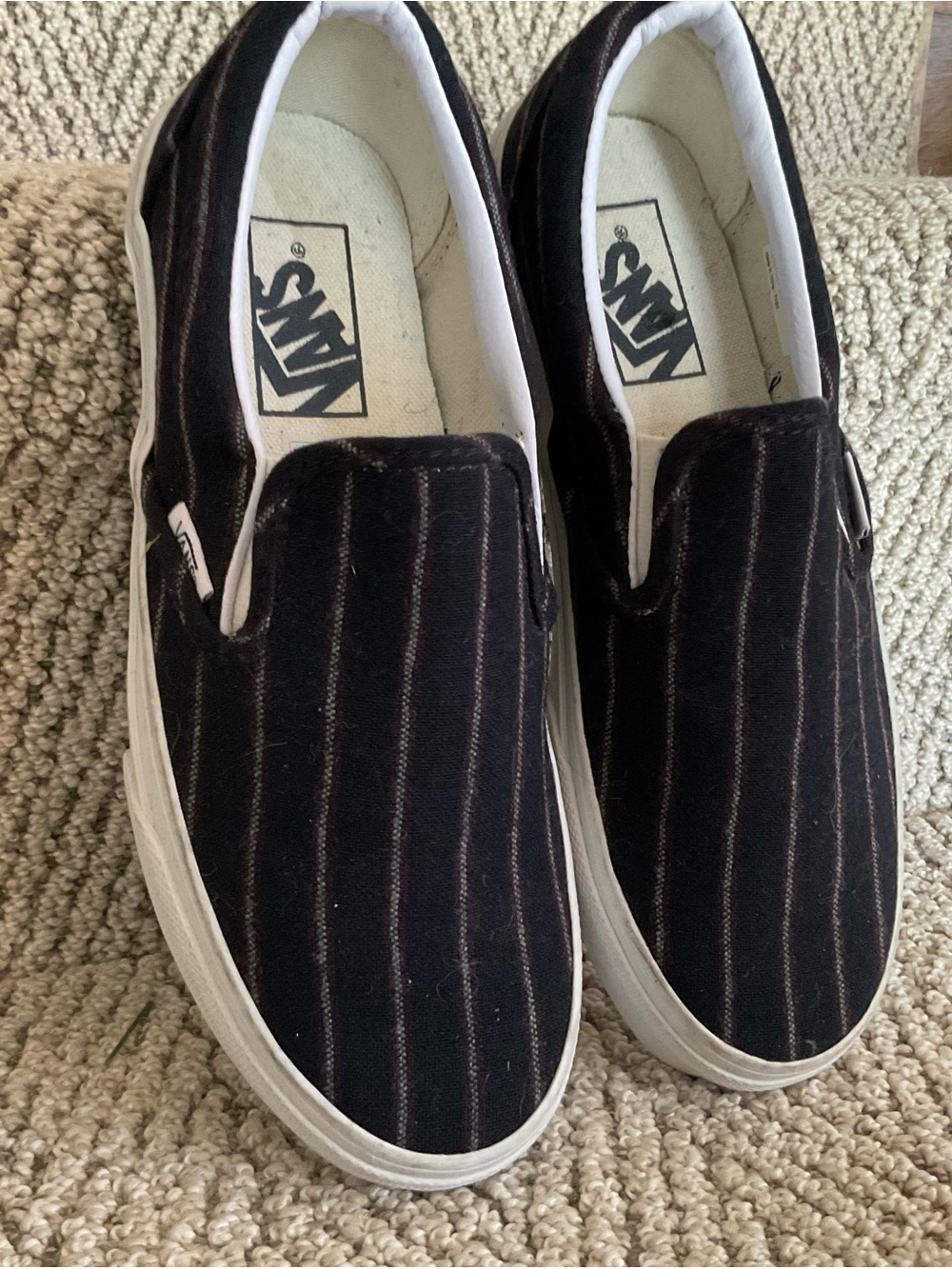Vans Slip-On Wool Pinstripe Sneakers in Dark Navy